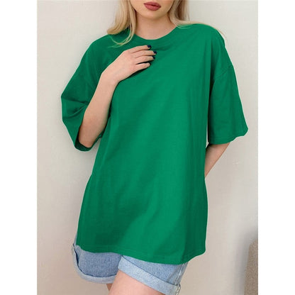 Casual Loose Crewneck T-Shirt with Side Slit - Solid Color