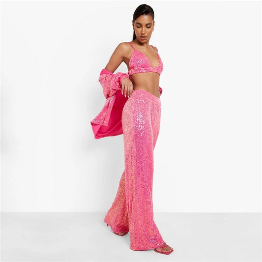 Solid Color Straight Leg Glitter Pants