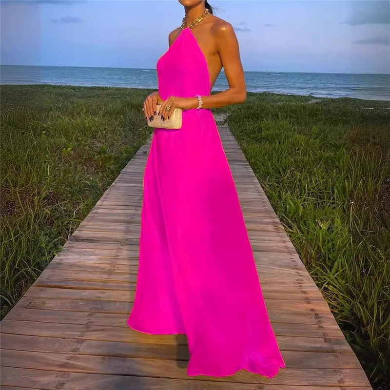 Halter Neck Swing Backless Dress in Solid Color