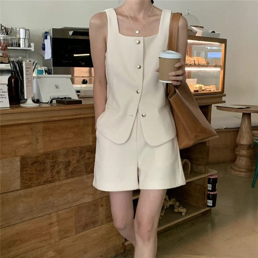 Solid Color V-Neck Vest and Shorts Set