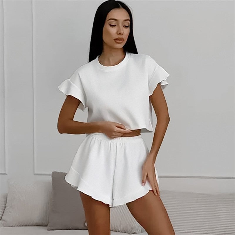 Solid Color Knit Short Sleeve Shorts Pajama Set