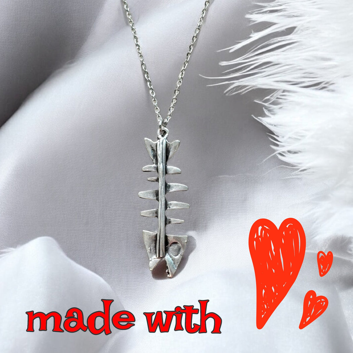 Vintage Fish Bone Necklace Silver Skeleton Pendant Quirky Jewelry