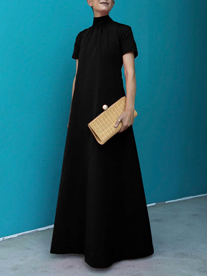 Relaxed Fit Short Sleeve Solid Color High-Neck Maxi Dress