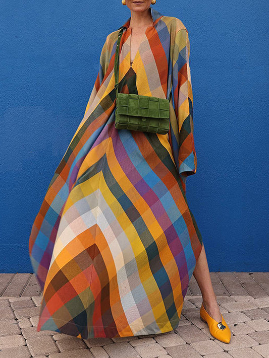Long Sleeve Loose Contrast Color Split-Side V-Neck Maxi Dress
