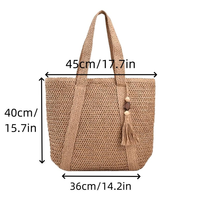 Chic Straw Woven Tote Bag with Stylish Tassel