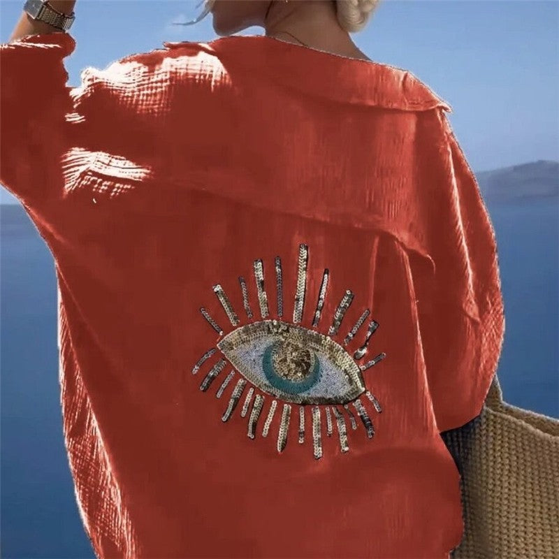 Embroidered Collar Long Sleeve Shirt in Solid Color