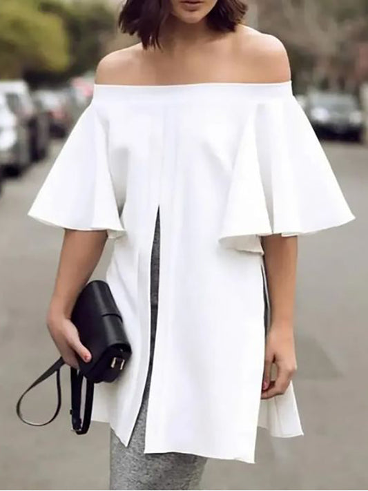 Flared Sleeves Half Sleeves Elasticity Solid Color Split-front Split-side Off-the-shoulder Blouses&shirts Tops