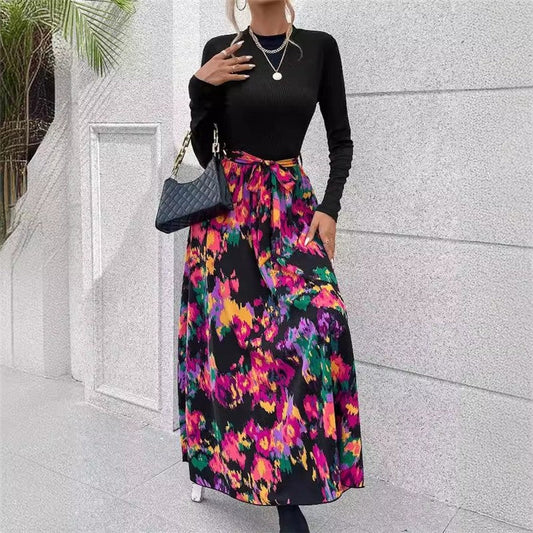 Long Sleeve Stand Collar Floral Printed Patchwork A-Line Tied Maxi Dress