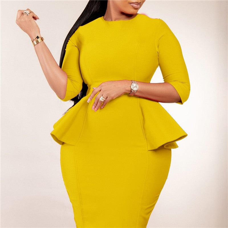 Ruffle Hem Solid Color Bodycon Dress for Office Wear