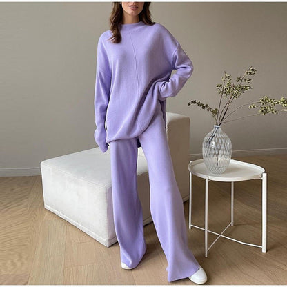 Casual Loose Knitted Two-Piece Set with Solid Color Long Sleeve Top and Pants