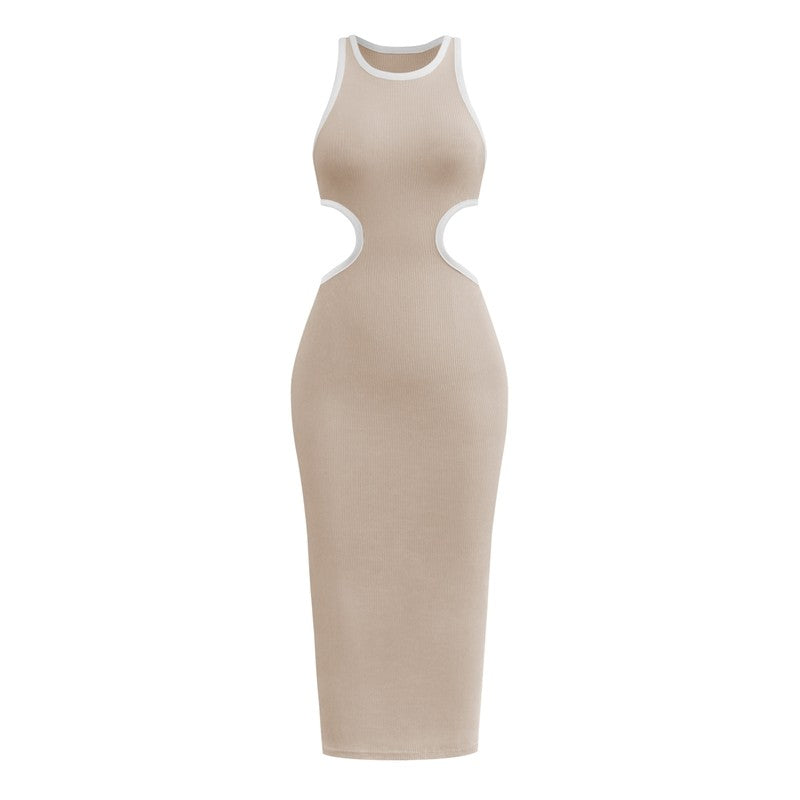 Crewneck Sleeveless Waist Hollow Ribbed Slim Maxi Dress