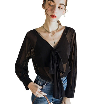 Solid Color V-Neck Bandage Long Sleeve Sheer T-Shirt