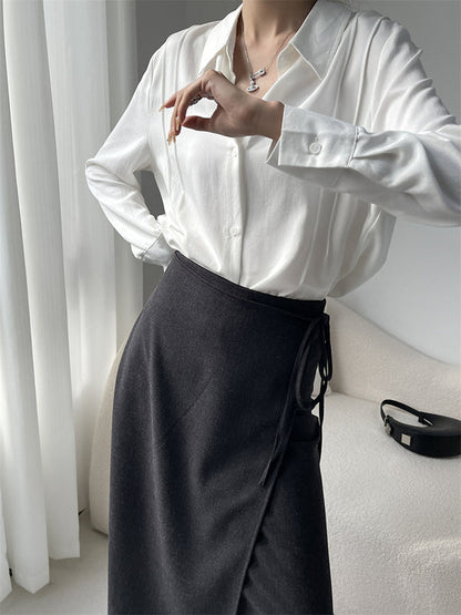 Long Sleeves Loose Pleated Split-Joint Lapel Blouses&Shirts Tops