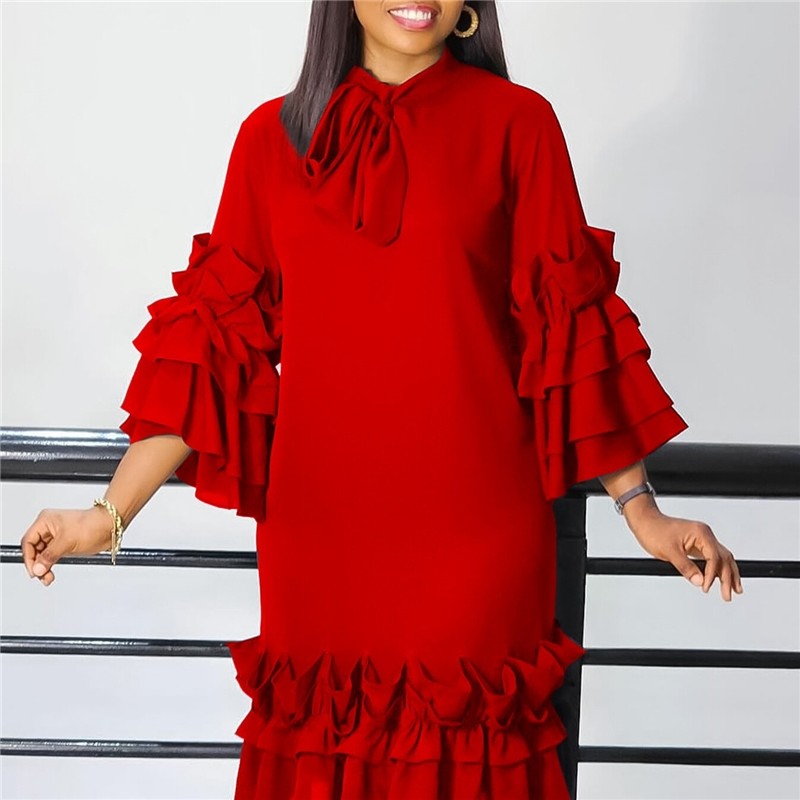Stylish Ruffle Hem Trumpet Sleeve Dress