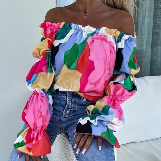 Off-Shoulder Printed Loose-Fit Blouse