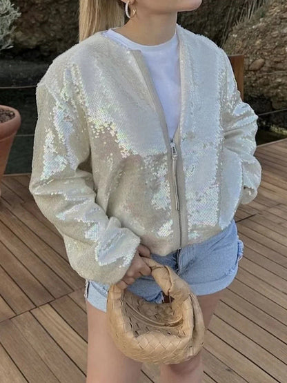 Loose Puff Sleeves Sequined Zipper Round-Neck Jackets Outerwear