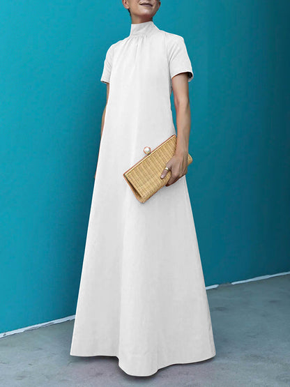 Relaxed Fit Short Sleeve Solid Color High-Neck Maxi Dress