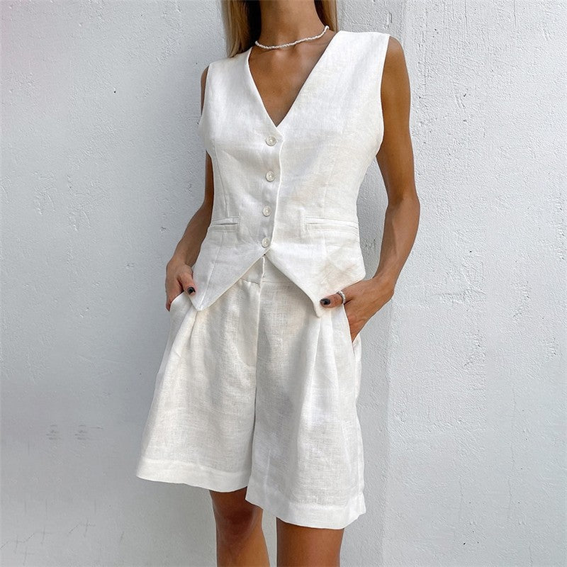 Casual Two-Piece Suit with Sleeveless Single-Breasted Vest and Shorts in Solid Color