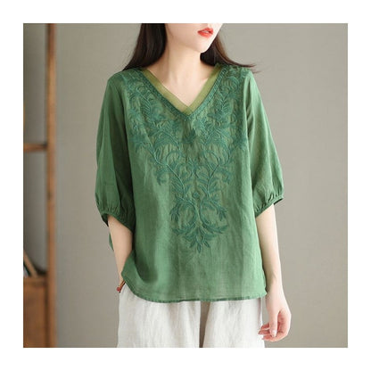 Casual V-Neck Embroidered Cotton-Linen Shirt with Heavy-Duty Construction
