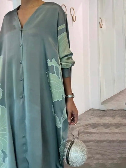 Long Sleeve Buttoned Muslim V-Neck Midi Dress with Contrast Color Flower & Leaves Print