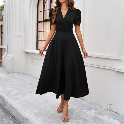Short Sleeve Solid Color A-Line Maxi Dress