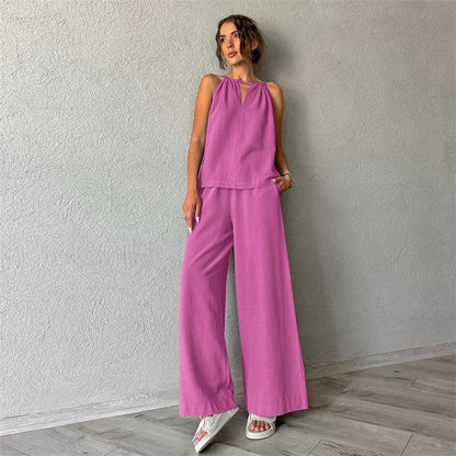Sleeveless Top and Pants Pajama Set in Solid Color