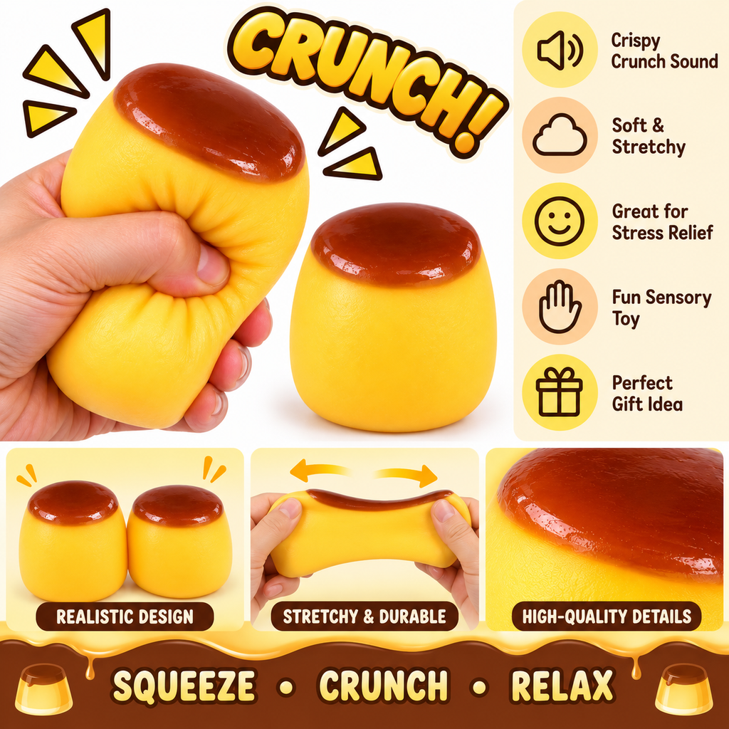 Crunchy Squishies Pudding Cup Squeeze Toy 2-Pack – Crispy Crunch Sound Soft Stretchy Stress Balls | ASMR Sensory Fidget Toys for Adults & Kids | Realistic Caramel Flan Squishies
