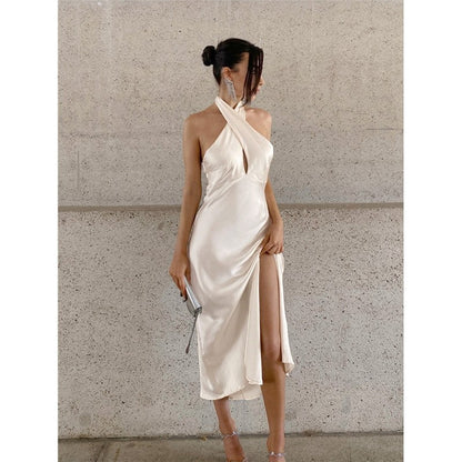 Halterneck Backless Slit Long Party Dress in Solid Color