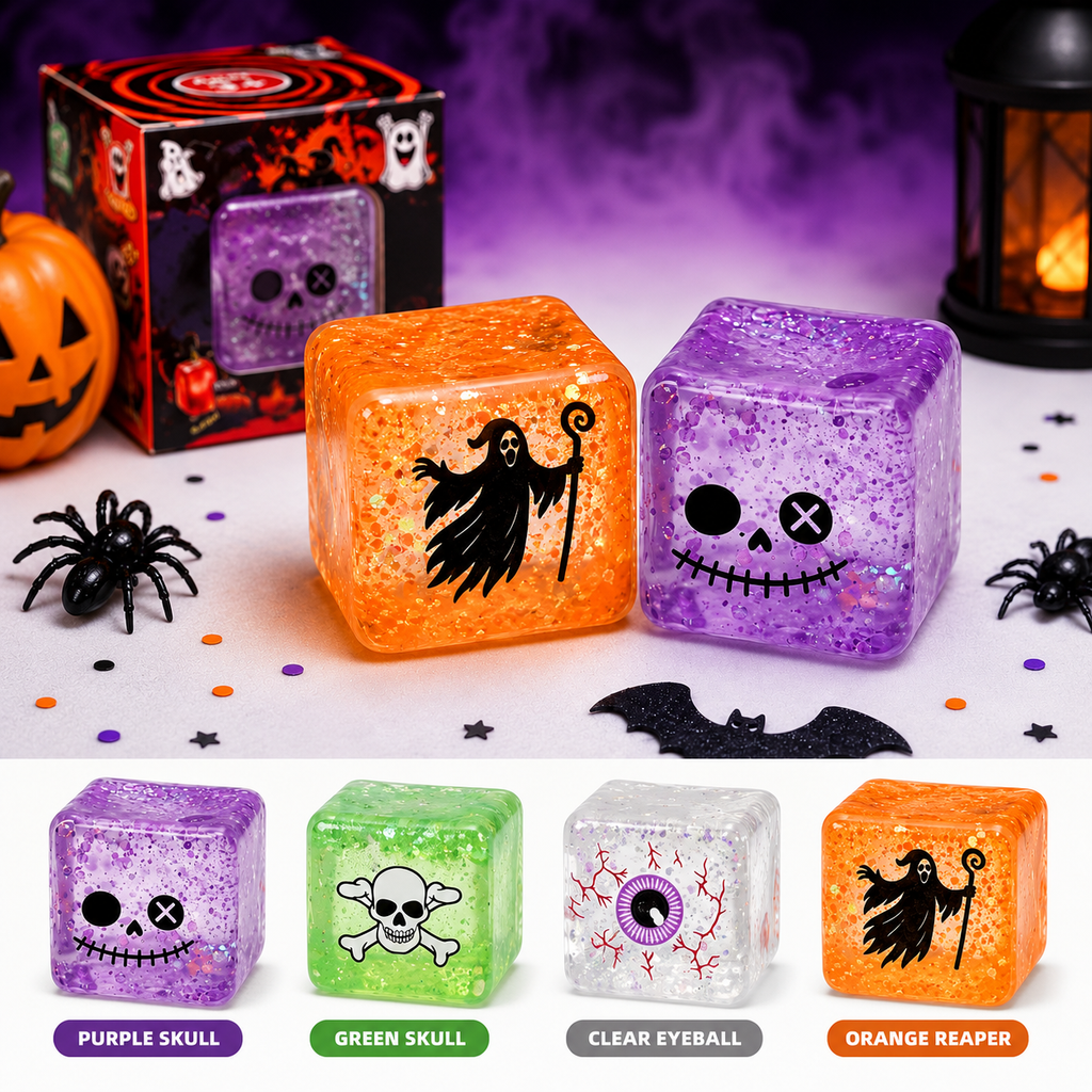 Halloween Squishy Jelly Cube 2-Pack Mystery Set – Glitter-Filled Slow-Rising Stress Relief Fidget Cubes | 4 Spooky Designs | 1.5" | Party Favors & Gifts