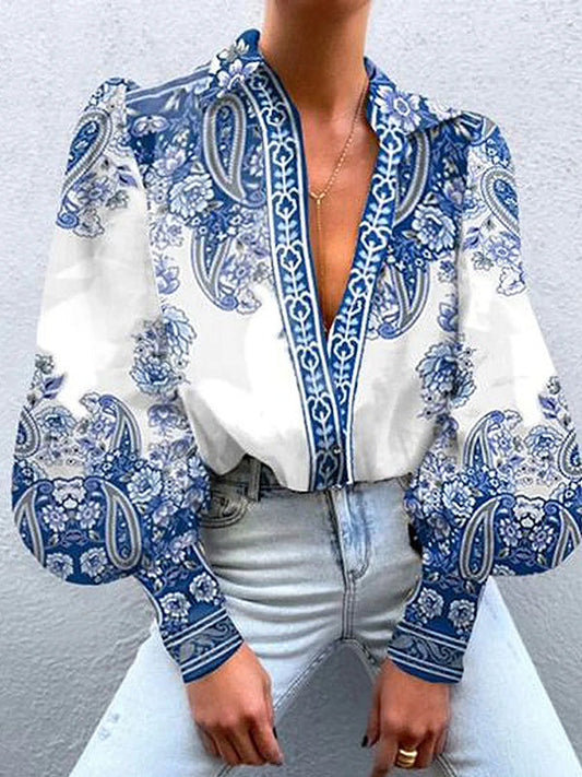 Floral Print V-Neck Button-Up Blouse with Long Sleeves