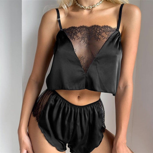 Lace-Trimmed Black Camisole and Shorts Pajama Set