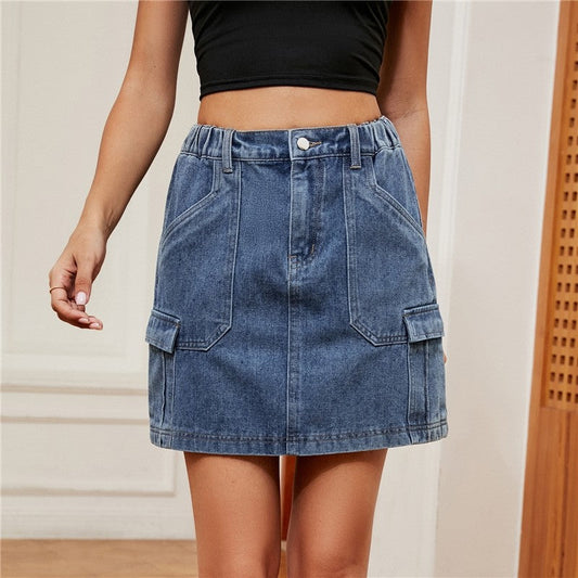 Elastic Waist Denim Mini Skirt Featuring Utility Pockets