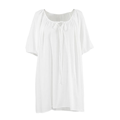 Relaxed Fit Bubble Sleeve Nightgown with Front Tie