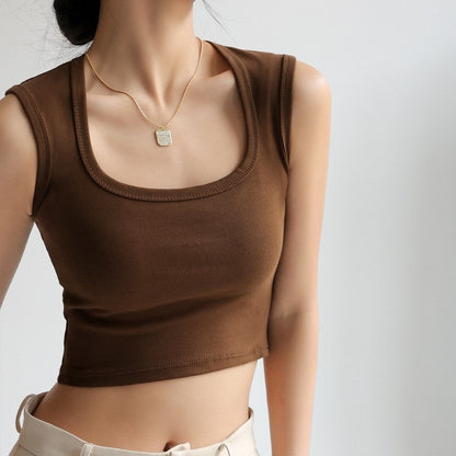 Square Neck Sleeveless Slim Fit Cropped Vest in Solid Color