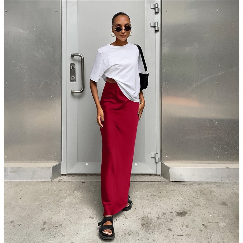 Simple Satin Maxi Skirt in Solid Color