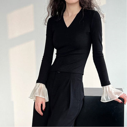 V-Neck Knit Patchwork Flare Sleeve Top