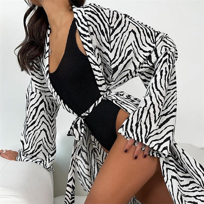 Leopard Print Long Sleeve Waist-Tie Night Robe Lounge Wear