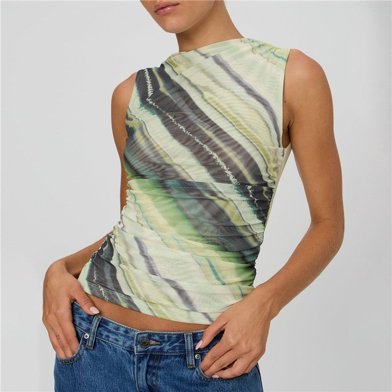 Printing Sleevelss Pleated Slim Tank Top