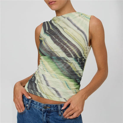 Printing Sleevelss Pleated Slim Tank Top