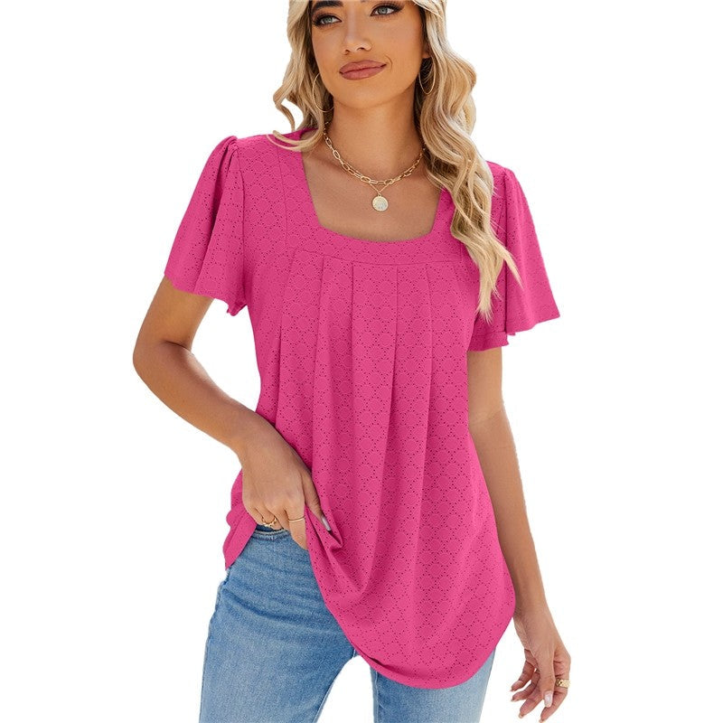 Solid Color V-Neck Pleated Short Sleeve Loose Fit T-Shirt