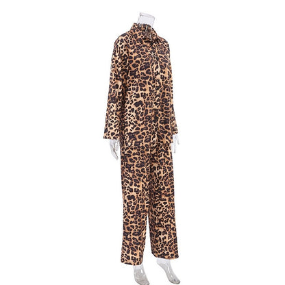 Leopard Print Long Sleeve Top and Trousers Ensemble
