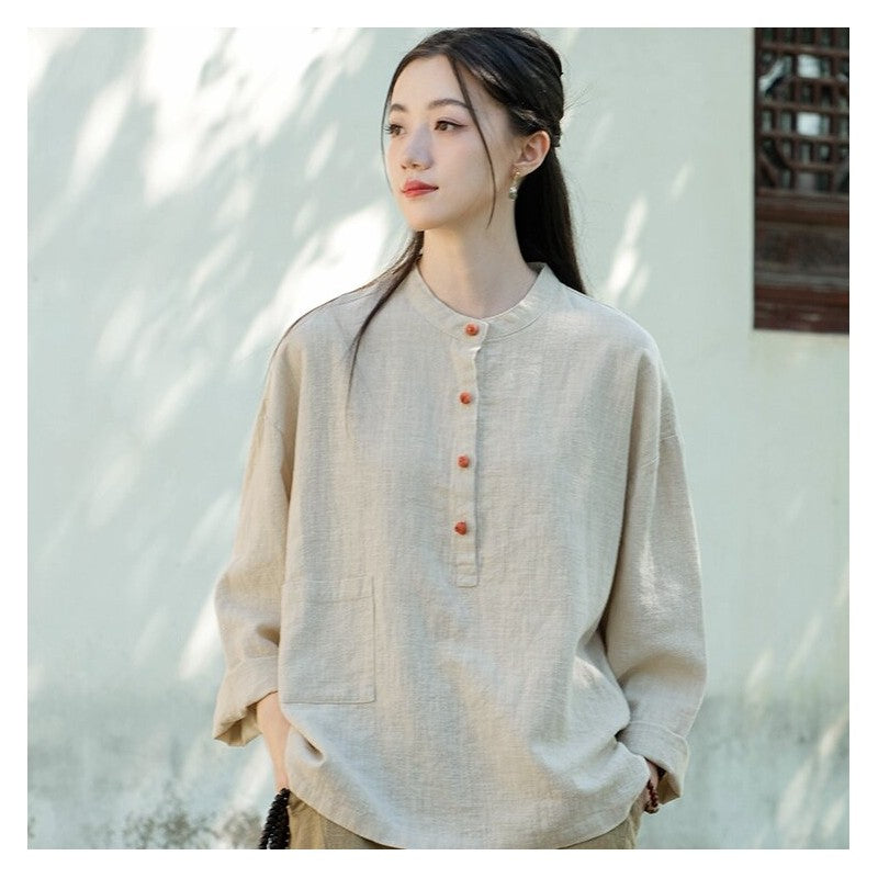 Solid Color Stand Collar Button-Up Long Sleeve Shirt