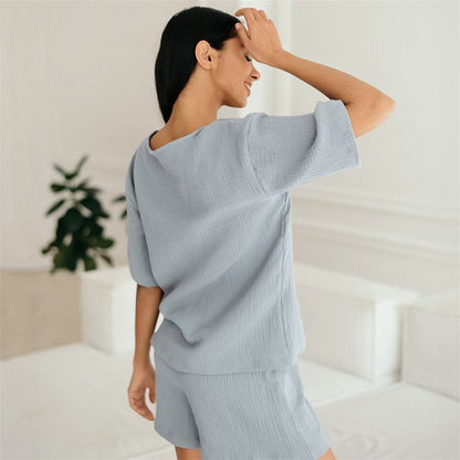 Solid Color Crewneck Short Sleeve T-Shirt and Shorts Set - Loose Fit, Lightweight Loungewear