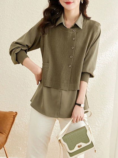 Long Sleeves Loose Solid Color Lapel  Inner Shirt + Buttoned Pockets Outer Knit Vest Two Pieces Set