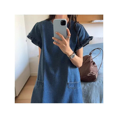 Fashionable Denim Dress with Frilled Cuffs and Pockets
