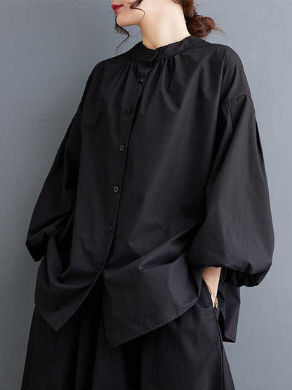 Loose Nine-Minute Sleeve Buttoned Hollow Pleated Solid Color Round-Neck Blouses&Shirts Tops