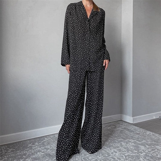 Loose Fit Polka Dot Long Sleeve Top and Pants Lounge Set
