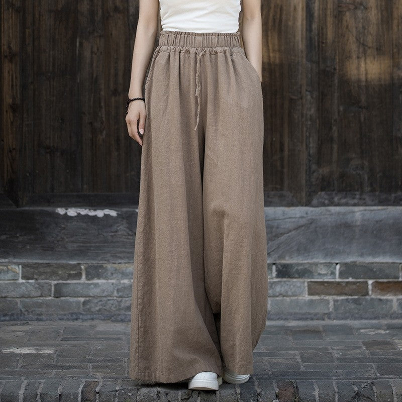 Solid Color Loose Elastic Waist Wide Leg Pants