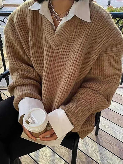 Simple Long Sleeves Loose Solid Color V-Neck Sweater Tops
