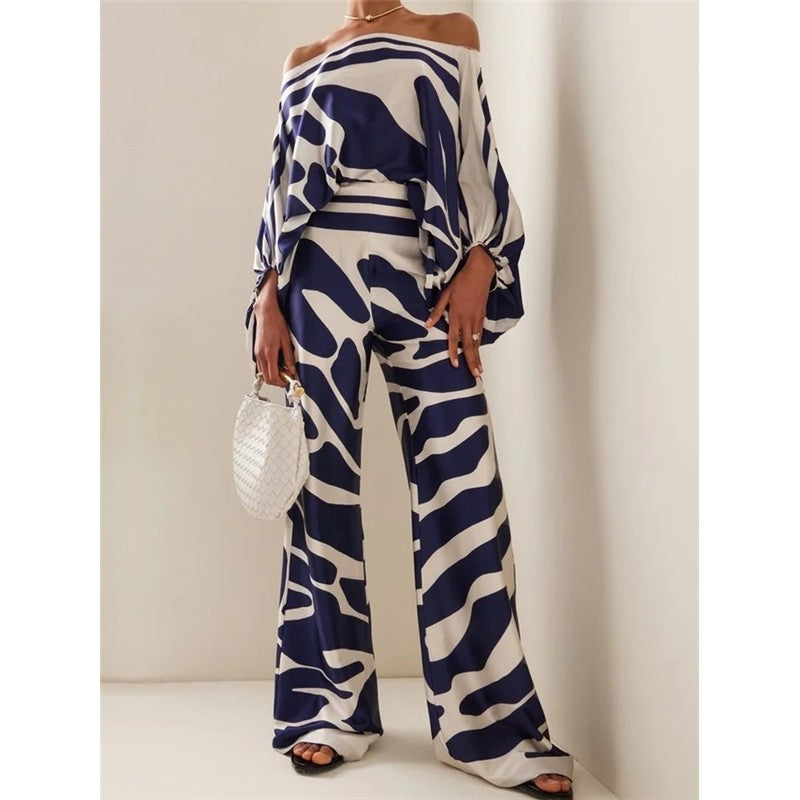 Printing Boat Neck Balloon Sleeve Top And Wide Leg Pants Two Pieces Suits